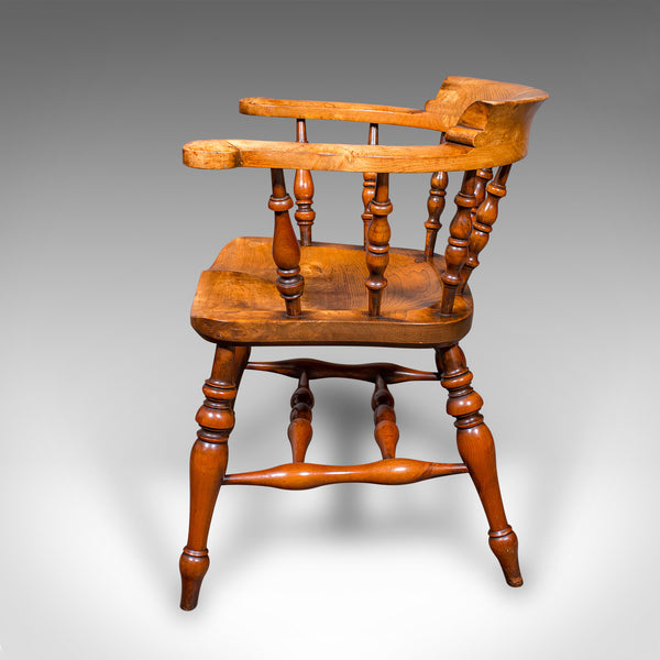 Vintage Smoker’s Bow Chair, English Ash, Captain’s Elbow Seat, Victorian Revival