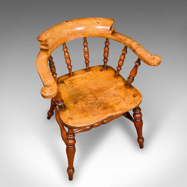 Vintage Smoker’s Bow Chair, English Ash, Captain’s Elbow Seat, Victorian Revival