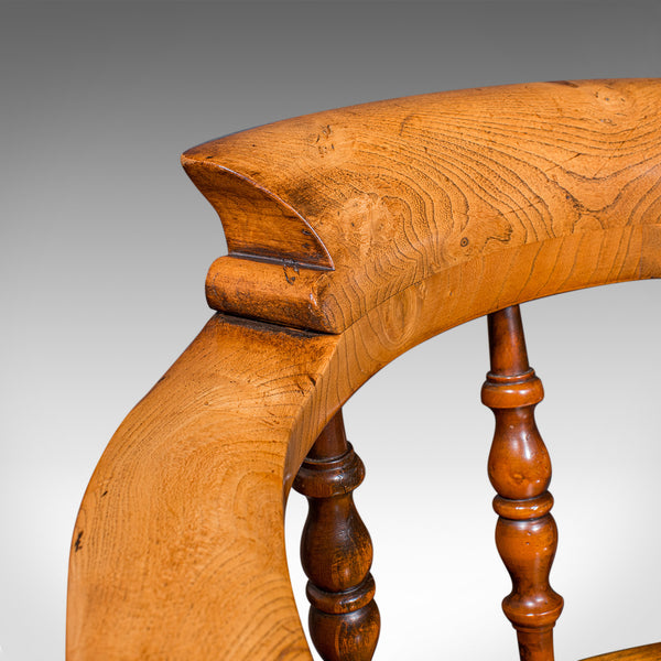 Vintage Smoker’s Bow Chair, English Ash, Captain’s Elbow Seat, Victorian Revival
