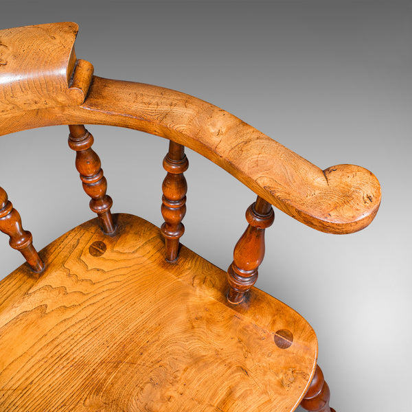 Vintage Smoker’s Bow Chair, English Ash, Captain’s Elbow Seat, Victorian Revival