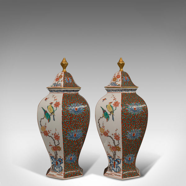 Pair of Vintage Hexagonal Spice Jars, Oriental, Ceramic, Baluster, Urn, Avian - London Fine Antiques