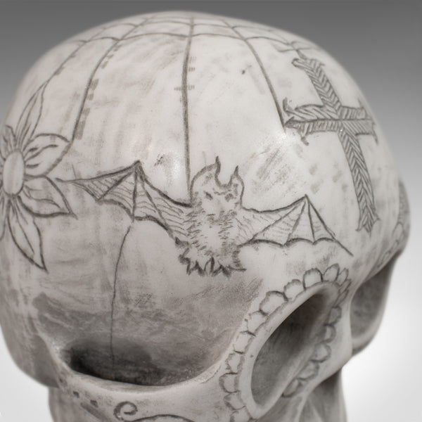 Vintage Hand Decorated Skull, English, Marble, Ornament, Paperweight, D. Hurley - London Fine Antiques