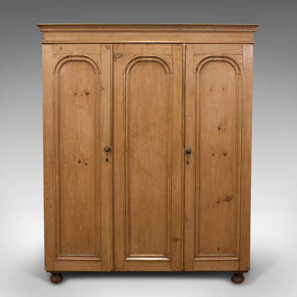 Antique Three Panel Wardrobe, English, Pine, Cupboard, Closet, Victorian, C.1900