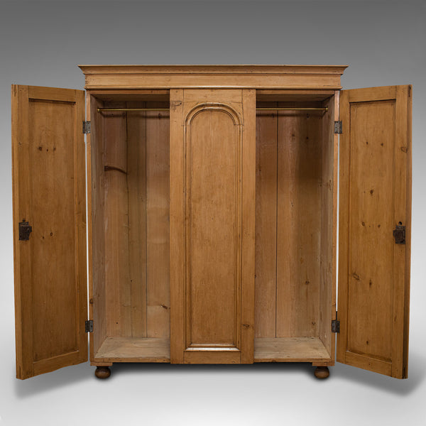 Antique Three Panel Wardrobe, English, Pine, Cupboard, Closet, Victorian, C.1900