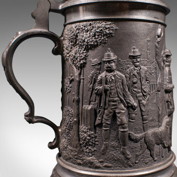 Antique Bavarian Beer Stein, German, Pewter, Jug, Decorative Relief, Circa 1920