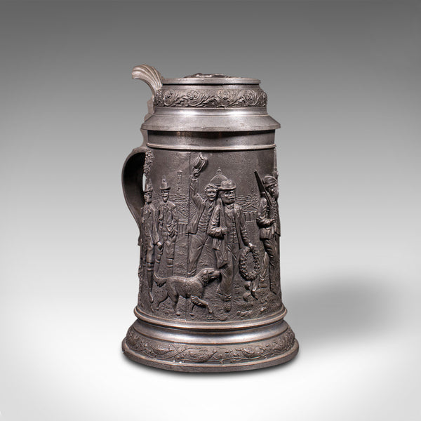 Antique Bavarian Beer Stein, German, Pewter, Jug, Decorative Relief, Circa 1920