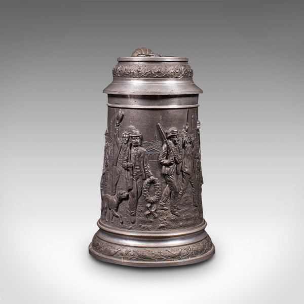 Antique Bavarian Beer Stein, German, Pewter, Jug, Decorative Relief, Circa 1920