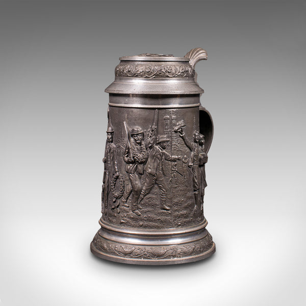 Antique Bavarian Beer Stein, German, Pewter, Jug, Decorative Relief, Circa 1920