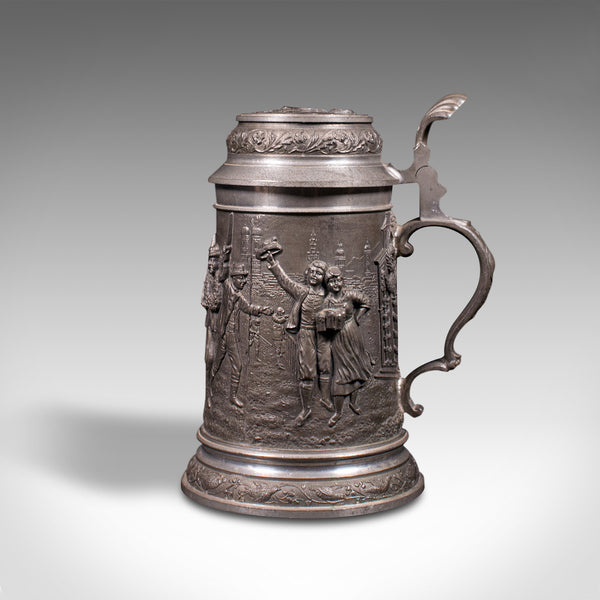 Antique Bavarian Beer Stein, German, Pewter, Jug, Decorative Relief, Circa 1920