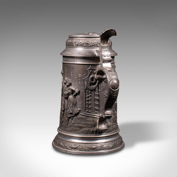 Antique Bavarian Beer Stein, German, Pewter, Jug, Decorative Relief, Circa 1920