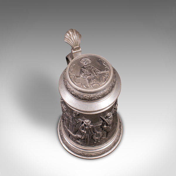Antique Bavarian Beer Stein, German, Pewter, Jug, Decorative Relief, Circa 1920