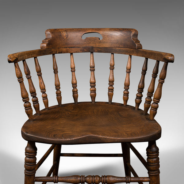 Antique Smoker's Bow, English, Ash, Elm, Elbow, Captain's Chair, Victorian, 1900