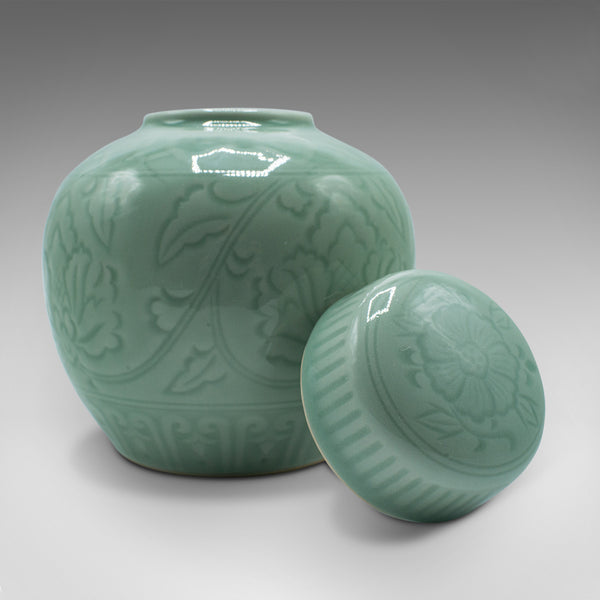 Pair Of Antique Decorative Spice Jars, Chinese, Celadon, Ceramic Pot, Victorian