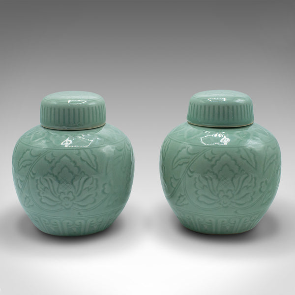 Pair Of Antique Decorative Spice Jars, Chinese, Celadon, Ceramic Pot, Victorian