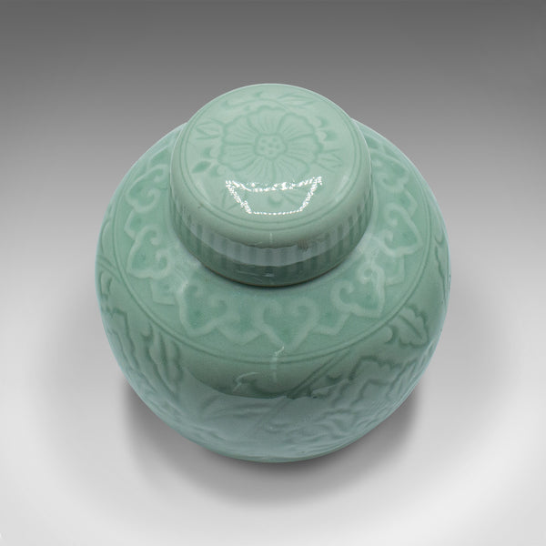 Pair Of Antique Decorative Spice Jars, Chinese, Celadon, Ceramic Pot, Victorian