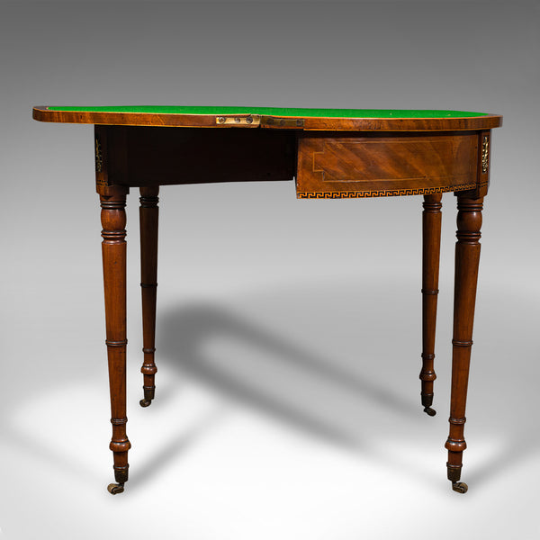 Antique Demi Lune Table, English, Walnut, Fold Over, Card, Game, Georgian, 1800