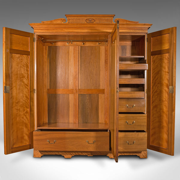 7' 3" Antique Triple Wardrobe, Scottish, Satinwood, Taylor and Sons, Victorian