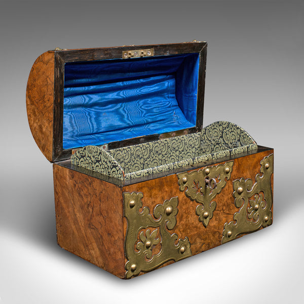 Antique Domed Top Caddy, English, Burr Walnut, Brass, Keepsake Box, Victorian