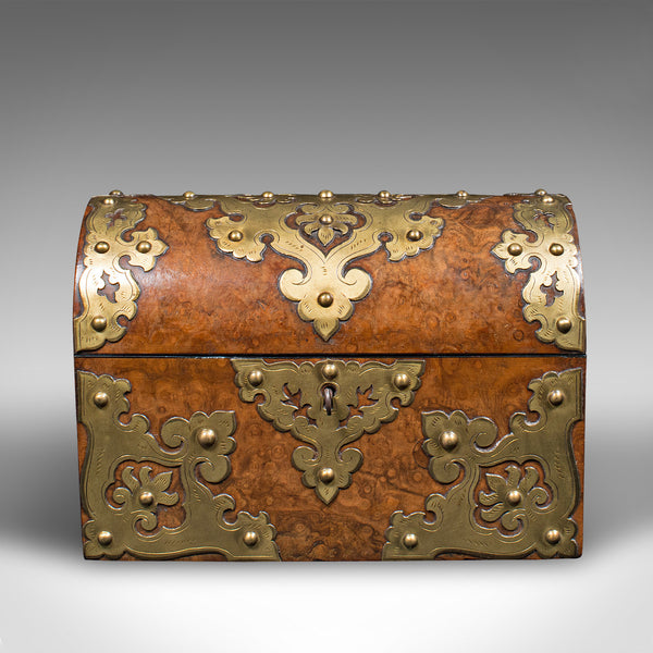 Antique Domed Top Caddy, English, Burr Walnut, Brass, Keepsake Box, Victorian