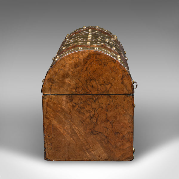 Antique Domed Top Caddy, English, Burr Walnut, Brass, Keepsake Box, Victorian