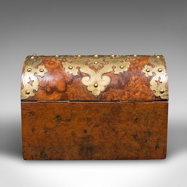 Antique Domed Top Caddy, English, Burr Walnut, Brass, Keepsake Box, Victorian