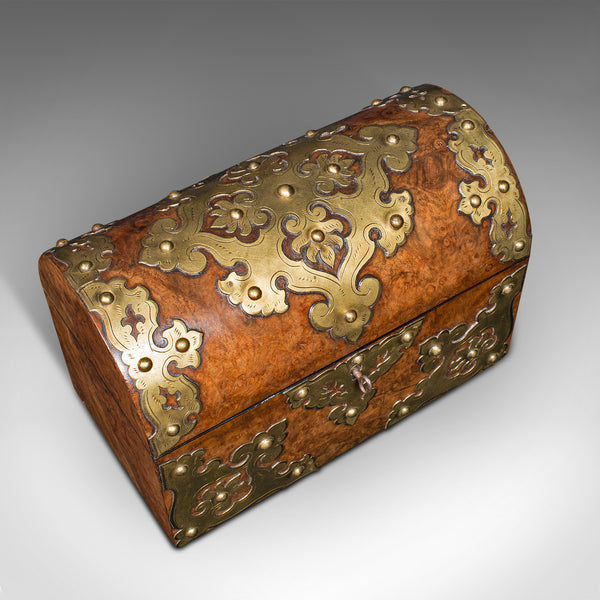 Antique Domed Top Caddy, English, Burr Walnut, Brass, Keepsake Box, Victorian