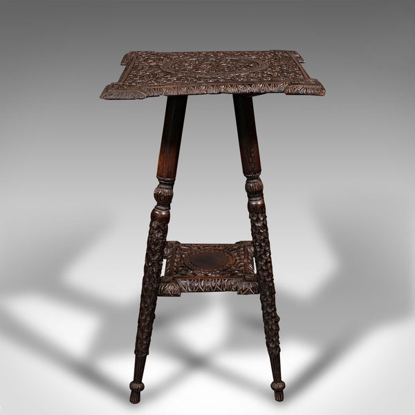 Small Antique Lamp Table, Indian, Carved Teak, Decorative, Occasional, Victorian
