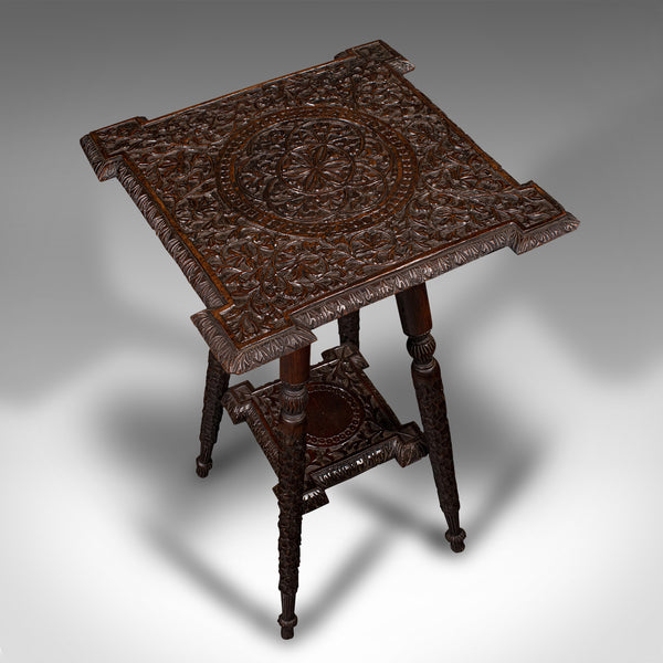 Small Antique Lamp Table, Indian, Carved Teak, Decorative, Occasional, Victorian