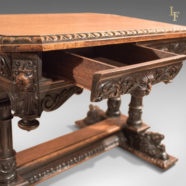 Antique Library Table, Victorian Carved Oak, Scottish c.1850 - London Fine Antiques