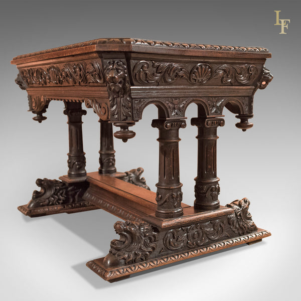 Antique Library Table, Victorian Carved Oak, Scottish c.1850 - London Fine Antiques