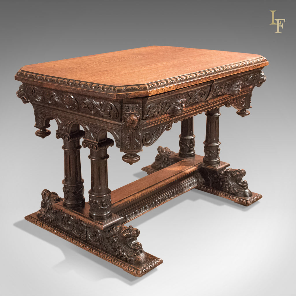 Antique Library Table, Victorian Carved Oak, Scottish c.1850 - London Fine Antiques