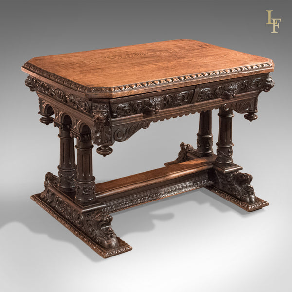 Antique Library Table, Victorian Carved Oak, Scottish c.1850 - London Fine Antiques