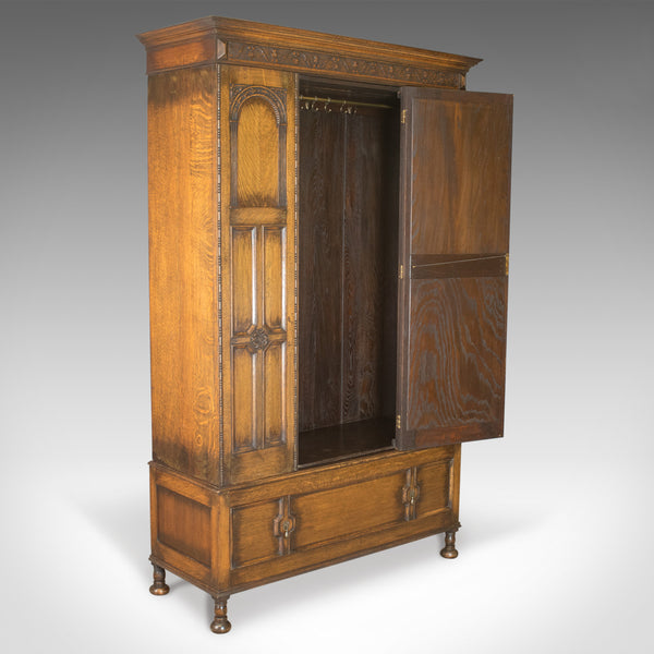 Antique Wardrobe, English Oak Mirror Door Compactum Gothic Overtones Circa 1910 - London Fine Antiques