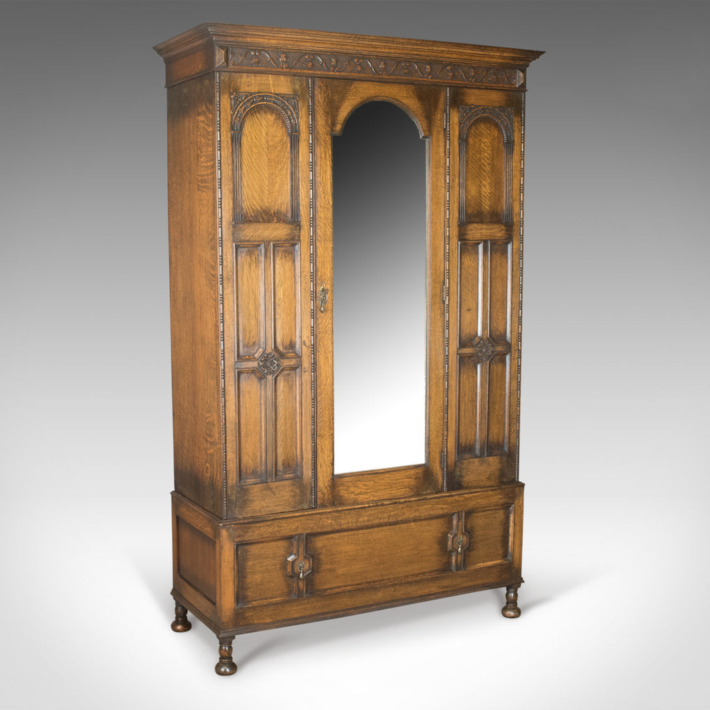 Antique Wardrobe, English Oak Mirror Door Compactum Gothic Overtones Circa 1910 - London Fine Antiques