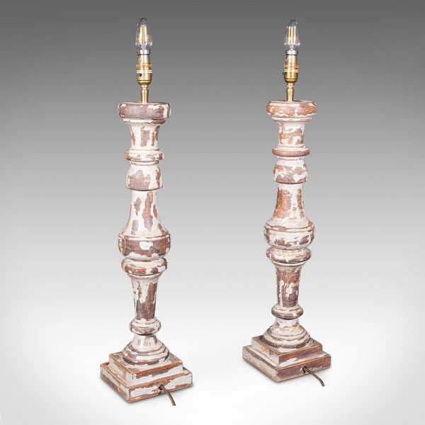 Pair of Antique Lamp Bases, English, Painted Pine Electric Light, Late Victorian