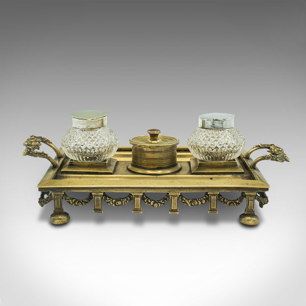 Antique Pen Tray, English, Brass, Silver Plate, Inkwell Stand, Edwardian, C.1910