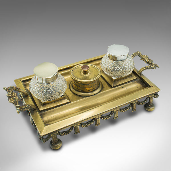 Antique Pen Tray, English, Brass, Silver Plate, Inkwell Stand, Edwardian, C.1910