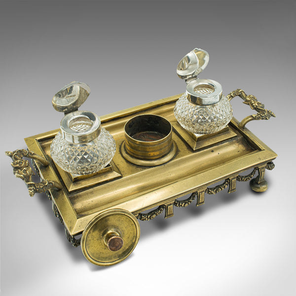 Antique Pen Tray, English, Brass, Silver Plate, Inkwell Stand, Edwardian, C.1910