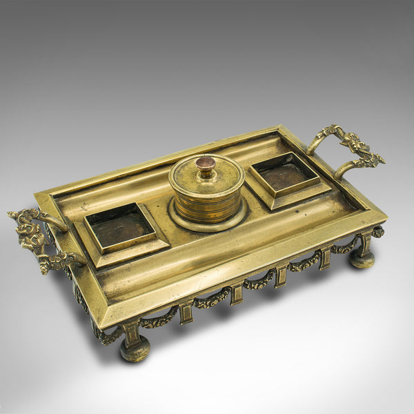 Antique Pen Tray, English, Brass, Silver Plate, Inkwell Stand, Edwardian, C.1910