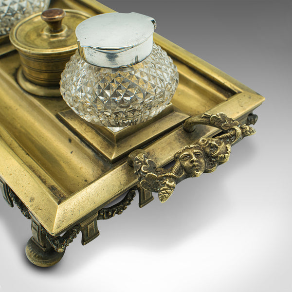 Antique Pen Tray, English, Brass, Silver Plate, Inkwell Stand, Edwardian, C.1910