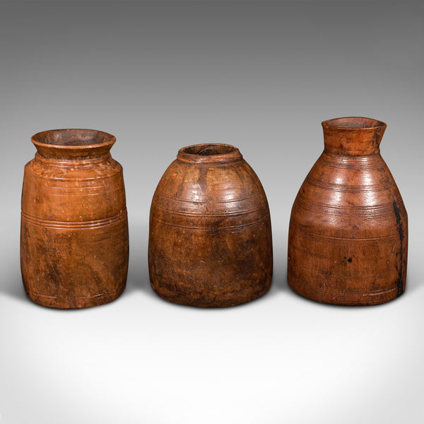 Set of 3 Antique Tribal Vases, Indian, Hardwood, Rustic, Jars, Urns, Victorian