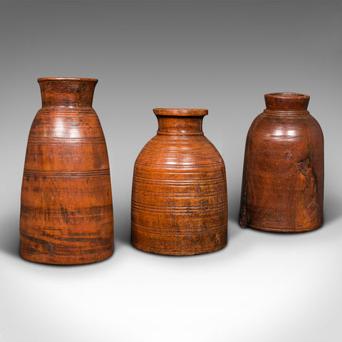 Trio Of Antique Tribal Vases, Indian, Hardwood, Accent Jar, Rustic, Victorian