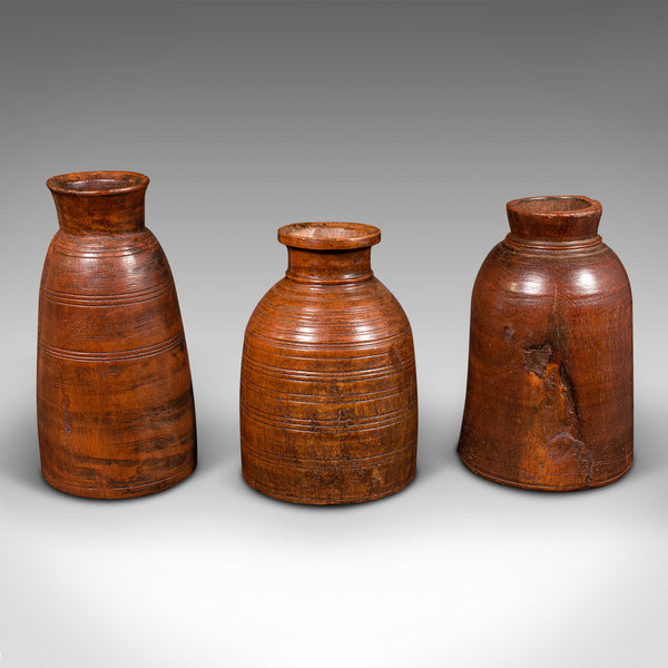 Trio Of Antique Tribal Vases, Indian, Hardwood, Accent Jar, Rustic, Victorian