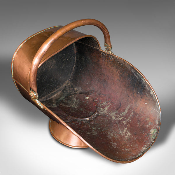 Antique Helmet Fire Bucket, English Copper Coal Scuttle, Fireside Bin, Victorian