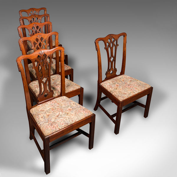 6 Antique Dining Room Chairs, English, Walnut, After Chippendale, Georgian, 1800