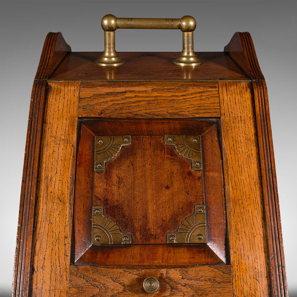 Antique Coal Purdonium, English, Oak, Fireside, Arts and Crafts, Victorian, 1890