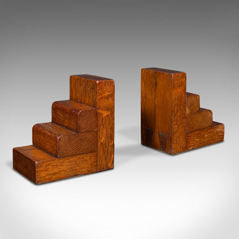 Pair Of Vintage Decorative Bookends, English, Oak, Book Rest, Art Deco, C.1940