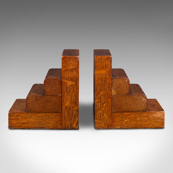 Pair Of Vintage Decorative Bookends, English, Oak, Book Rest, Art Deco, C.1940
