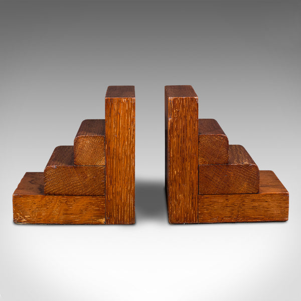 Pair Of Vintage Decorative Bookends, English, Oak, Book Rest, Art Deco, C.1940