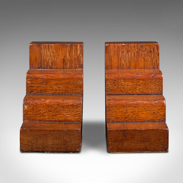 Pair Of Vintage Decorative Bookends, English, Oak, Book Rest, Art Deco, C.1940